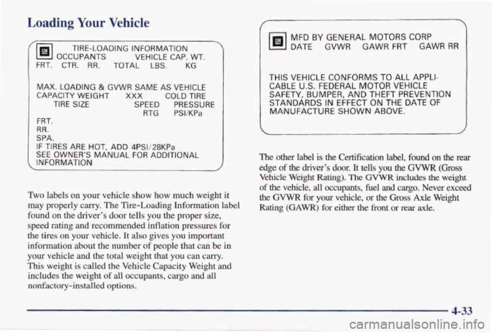 PONTIAC GRAND AM 1998 Owners Manual Loading Your Vehicle
r
OCCUPANTS VEHICLE CAP. WT.
TIRE-LOADING INFORMATION
FRT. CTR. RR. TOTAL
LBS. KG
MAX. LOADING
& GVWR SAME AS VEHICLE
CAPACITY WEIGHT
XXX COLD TIRE
TIRE SIZE SPEED PONTIAC GRAND AM 1998 Owners Manual Loading Your Vehicle
r
OCCUPANTS VEHICLE CAP. WT.
TIRE-LOADING INFORMATION
FRT. CTR. RR. TOTAL
LBS. KG
MAX. LOADING
& GVWR SAME AS VEHICLE
CAPACITY WEIGHT
XXX COLD TIRE
TIRE SIZE SPEED