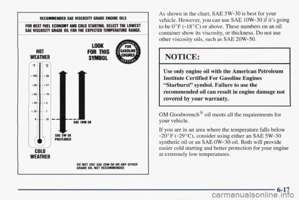 PONTIAC GRAND AM 1998 Owners Manual FOR BEST FUEL ECONOMY AND COLD Y’76, SELECT THE LOWEST
SAE
VISCOSITY GRADE OIL FOR THE EL. ----J TEMPERATURE RANGE.
HOT
WEATHER
’TC)
SAE sw-30 PREFERRED
COLD
WEATHER
LOOK
FOR THIS PONTIAC GRAND AM 1998 Owners Manual FOR BEST FUEL ECONOMY AND COLD Y’76, SELECT THE LOWEST
SAE
VISCOSITY GRADE OIL FOR THE EL. ----J TEMPERATURE RANGE.
HOT
WEATHER
’TC)
SAE sw-30 PREFERRED
COLD
WEATHER
LOOK
FOR THIS