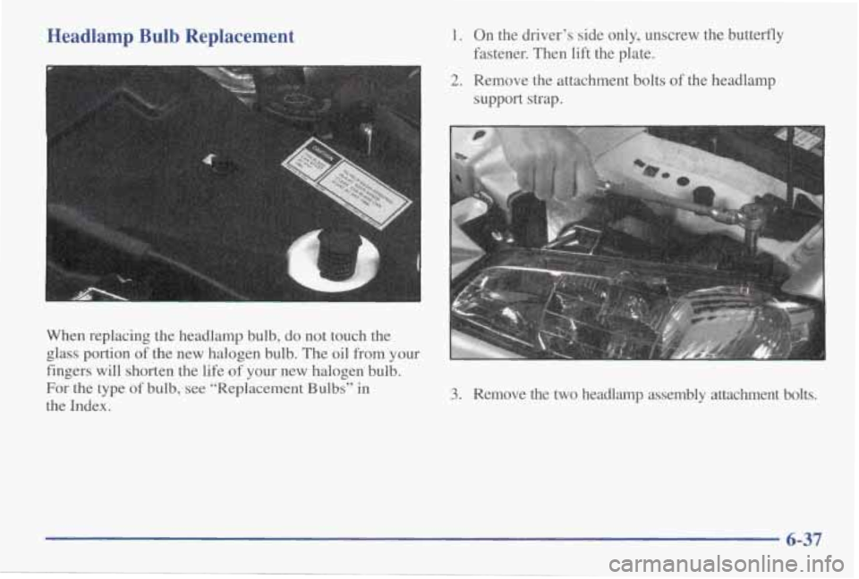 PONTIAC GRAND AM 1998 Owners Manual Headlamp Bulb Replacement 1. On the driver’s side only, unscrew the butterfly
fastener. Then lift the plate.
When replacing the headlamp bulb,
do not touch the
glass portion PONTIAC GRAND AM 1998 Owners Manual Headlamp Bulb Replacement 1. On the driver’s side only, unscrew the butterfly
fastener. Then lift the plate.
When replacing the headlamp bulb,
do not touch the
glass portion