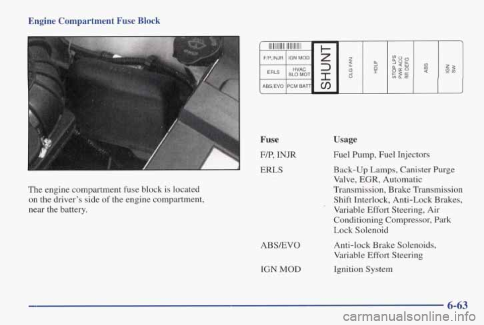 PONTIAC GRAND AM 1998 Owners Manual Engine Compartment Fuse Block
Fuse
FA?, INJR
ERLS
The engine compartment fuse block is located
on the driver’s side of the engine compartment,
near the battery.
ABSEVO IGN
MOD
Us PONTIAC GRAND AM 1998 Owners Manual Engine Compartment Fuse Block
Fuse
FA?, INJR
ERLS
The engine compartment fuse block is located
on the driver’s side of the engine compartment,
near the battery.
ABSEVO IGN
MOD
Us