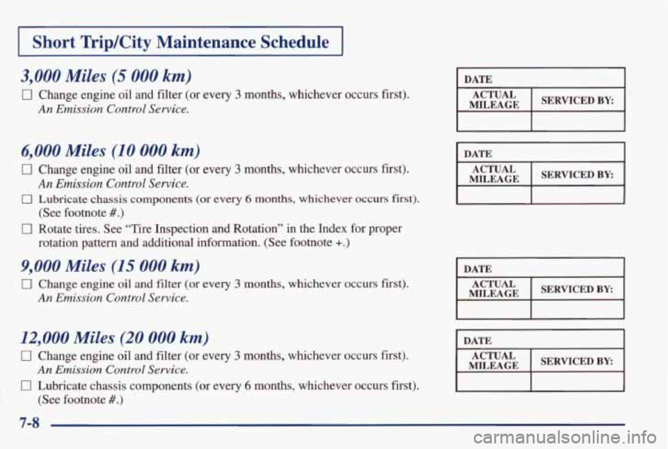 PONTIAC GRAND AM 1998 Owners Manual I Short TripKity Maintenance Schedule I
3,000 Miles (5 000 km)
0 Change engine oil and filter (or every 3 months, whichever occurs first).
An Emission Control Service.
6,000 Miles (10 000 PONTIAC GRAND AM 1998 Owners Manual I Short TripKity Maintenance Schedule I
3,000 Miles (5 000 km)
0 Change engine oil and filter (or every 3 months, whichever occurs first).
An Emission Control Service.
6,000 Miles (10 000