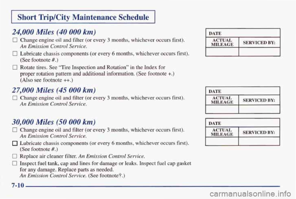 PONTIAC GRAND AM 1998 Owners Manual Short TripKity Maintenance Schedule
24,000 Miles (40 000 km)
0 Change engine oil and filter (or every 3 months, whichever occurs first).
0 Lubricate chassis components (or every 6 month PONTIAC GRAND AM 1998 Owners Manual Short TripKity Maintenance Schedule
24,000 Miles (40 000 km)
0 Change engine oil and filter (or every 3 months, whichever occurs first).
0 Lubricate chassis components (or every 6 month