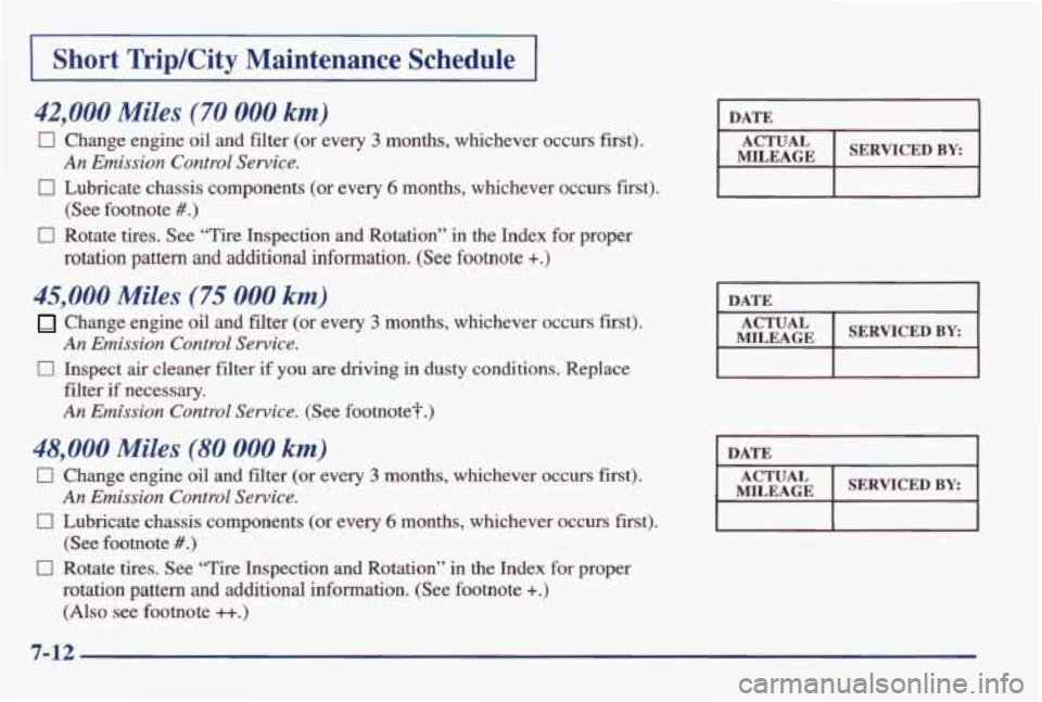 PONTIAC GRAND AM 1998 Owners Manual Short TripKity Maintenance Schedule
42,000 Miles (70 000 km)
0 Change engine oil and filter (or every 3 months, whichever occurs fist).
0 Lubricate chassis components (or every 6 months, w PONTIAC GRAND AM 1998 Owners Manual Short TripKity Maintenance Schedule
42,000 Miles (70 000 km)
0 Change engine oil and filter (or every 3 months, whichever occurs fist).
0 Lubricate chassis components (or every 6 months, w