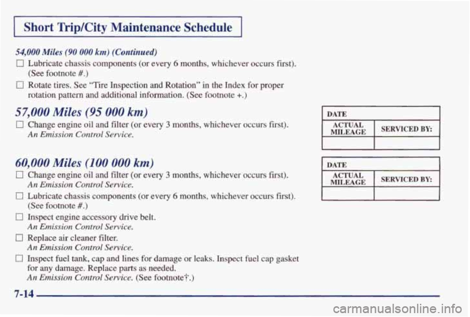 PONTIAC GRAND AM 1998 Owners Manual I Short TripKity Maintenance Schedule I
54,000 Miles (90 000 km) (Continued)
0 Lubricate chassis components (or every 6 months, whichever occurs first).
0 Rotate tires. See “Tire Insp PONTIAC GRAND AM 1998 Owners Manual I Short TripKity Maintenance Schedule I
54,000 Miles (90 000 km) (Continued)
0 Lubricate chassis components (or every 6 months, whichever occurs first).
0 Rotate tires. See “Tire Insp