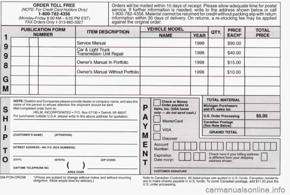 PONTIAC GRAND AM 1998 Owners Manual 1 PONTIAC GRAND AM 1998 Owners Manual 1