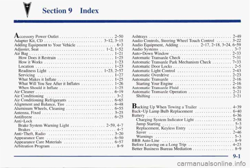 PONTIAC GRAND AM 1998 Owners Manual Section 9 Index
Accessory Power outlet ......................... 2-50
Adapter Kit. CD ........................... 3.12. 3.15
Adding Equipment to Your Vehicle .................. 6-3
Adjuster. PONTIAC GRAND AM 1998 Owners Manual Section 9 Index
Accessory Power outlet ......................... 2-50
Adapter Kit. CD ........................... 3.12. 3.15
Adding Equipment to Your Vehicle .................. 6-3
Adjuster.