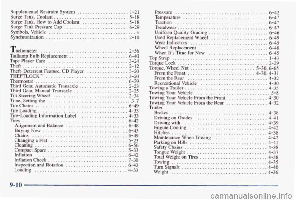PONTIAC GRAND AM 1998  Owners Manual Supplemental  Restraint  System .................... 1-21 
Surge  Tank. Coolant 
............................. 5- 18 
Surge  Tank.  How 
to Add Coolant .................. 5-18 
Surge 
Tank Pressure  C