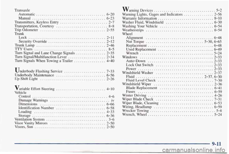 PONTIAC GRAND AM 1998  Owners Manual Transaxle Automatic 
................................... 6-20 
Manual ..................................... 6-23 
Transmitters,  Keyless  Entry ........................ 2-7 
Transportation,  Courtesy 