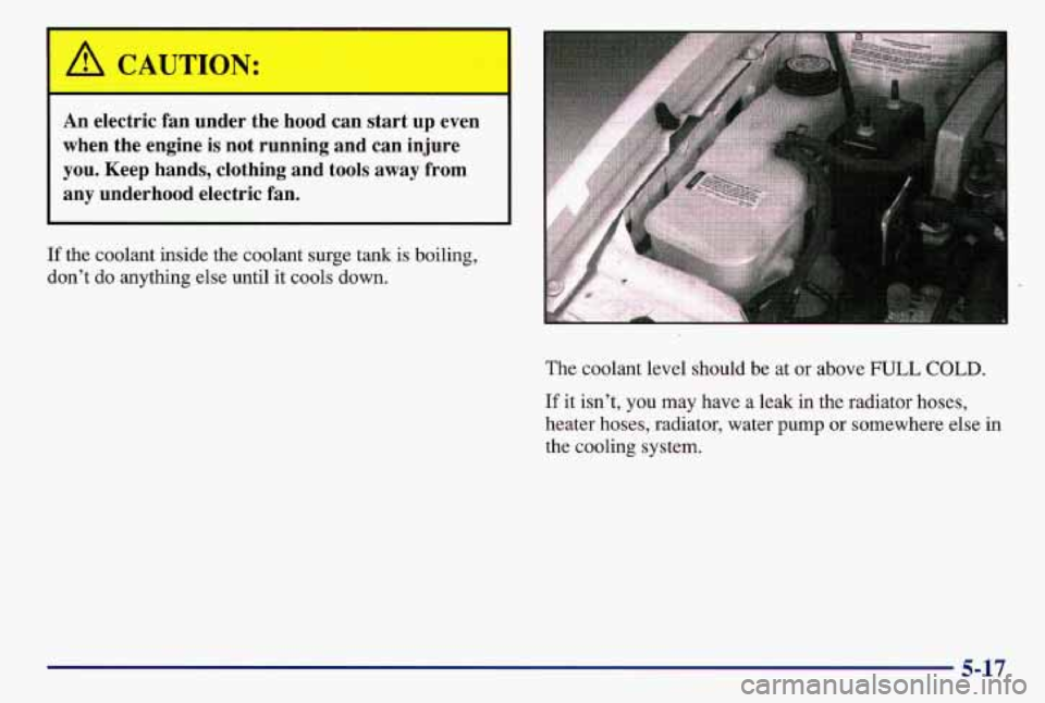 PONTIAC GRAND AM 1997  Owners Manual /II CAUTION: 
An electric  fan  under  the  hood  can  start  up  even 
when  the  engine  is  not  running  and  can injure 
you.  Keep  hands,  clothing  and  tools away  from 
any  underhood  elect