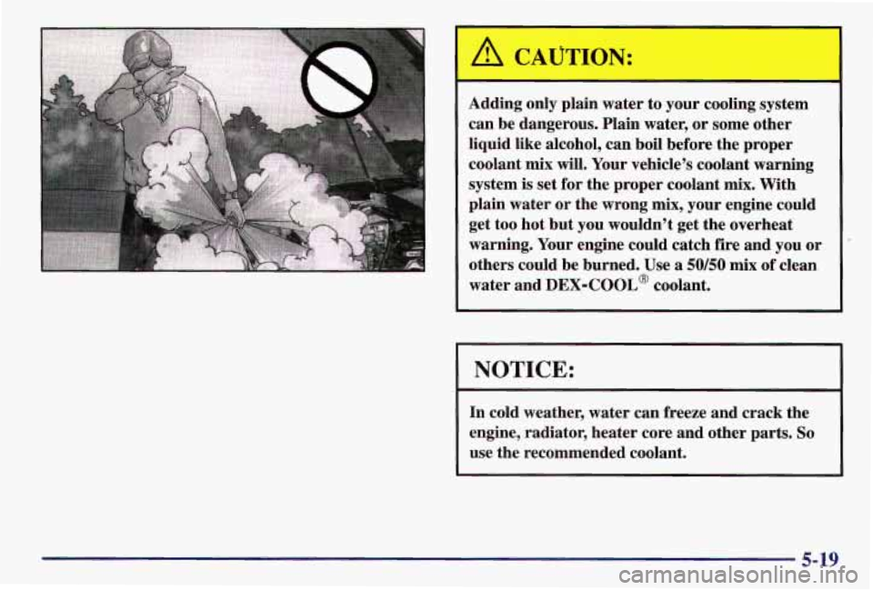PONTIAC GRAND AM 1997 Owners Manual 1 A CAUTION:
Adding only plain water to your cooling system
can be dangerous. Plain water, or some other
liquid like alcohol, can boil before the proper
coolant mix will. Your ve PONTIAC GRAND AM 1997 Owners Manual 1 A CAUTION:
Adding only plain water to your cooling system
can be dangerous. Plain water, or some other
liquid like alcohol, can boil before the proper
coolant mix will. Your ve