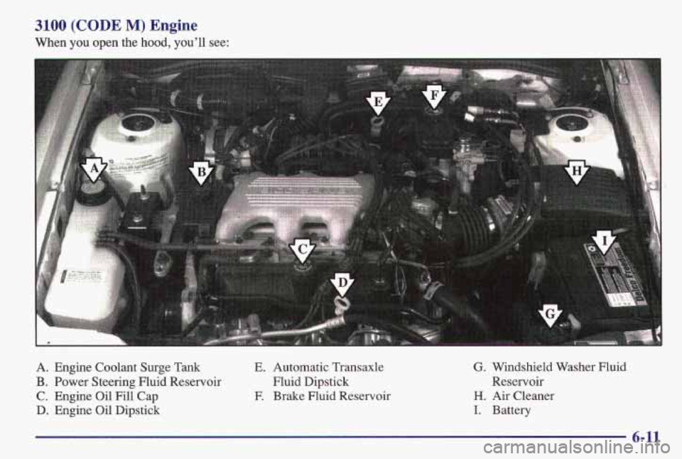 PONTIAC GRAND AM 1997  Owners Manual 3100 (CODE M) Engine 
When  you open the hood, you’ll see: 
A. Engine Coolant Surge  Tank 
B. Power Steering Fluid Reservoir 
C. Engine Oil Fill Cap 
D. Engine Oil Dipstick 
E. Automatic Transaxle 
