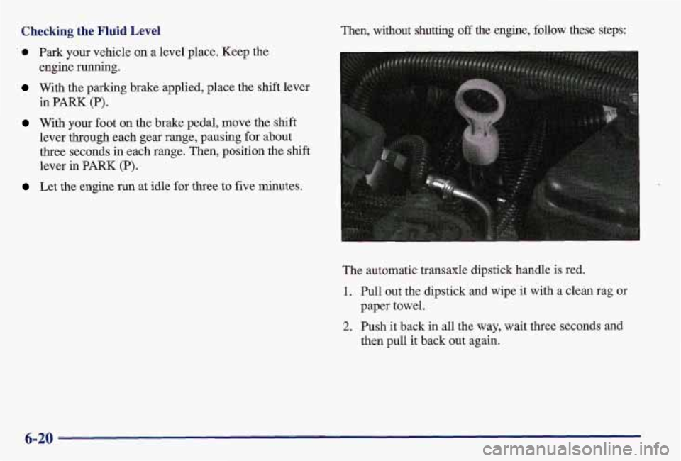 PONTIAC GRAND AM 1997  Owners Manual Checking  the  Fluid  Level hen, without  shutting off the  engine,  follow  these  steps: 
 0 Park  your  vehicle on a level  place.  Keep  the 
engine  running. 
With  the  parking  brake  applied