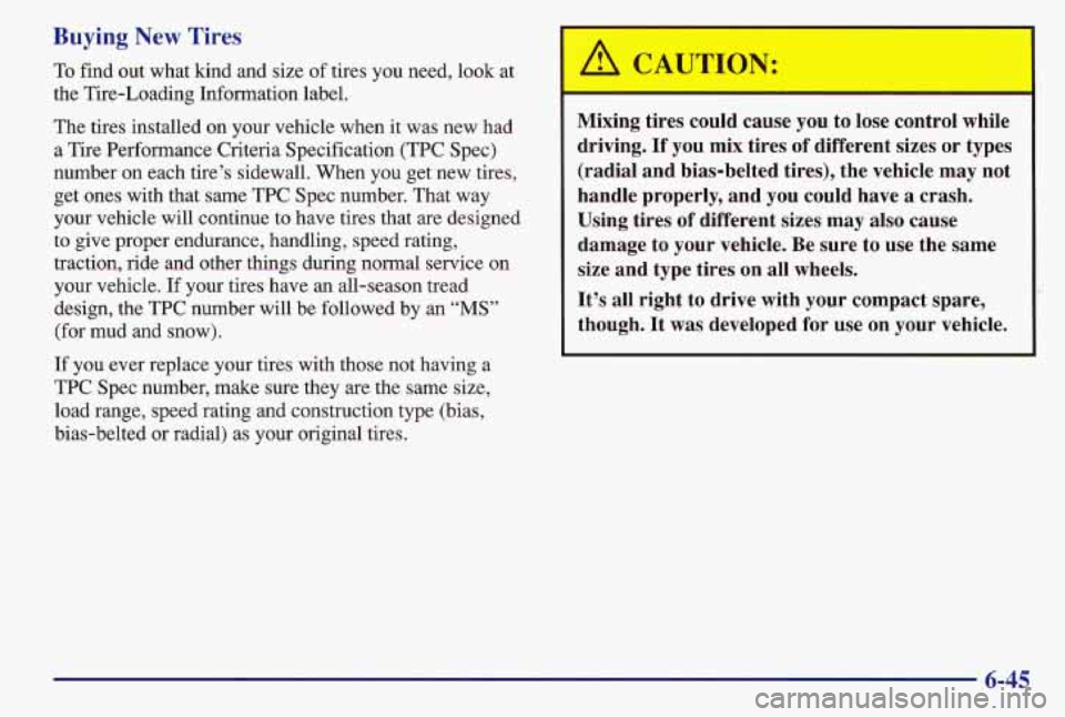PONTIAC GRAND AM 1997  Owners Manual Buying New Tires 
To find out  what  kind  and size of tires  you need, look  at 
the  Tire-Loading  Information label. 
The tires installed  on your vehicle  when 
it was  new  had 
a  Tire  Performa