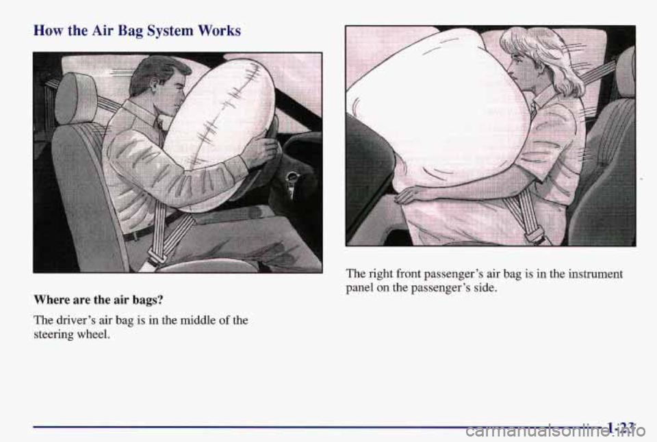 PONTIAC GRAND AM 1997 Owners Manual How the Air Bag System Works 
The right front passenger’s air  bag  is in the instrument 
panel  on the  passenger’s  side. 
Where  are  the  air  bags? 
The driver’s  air bag  is in  the  middl