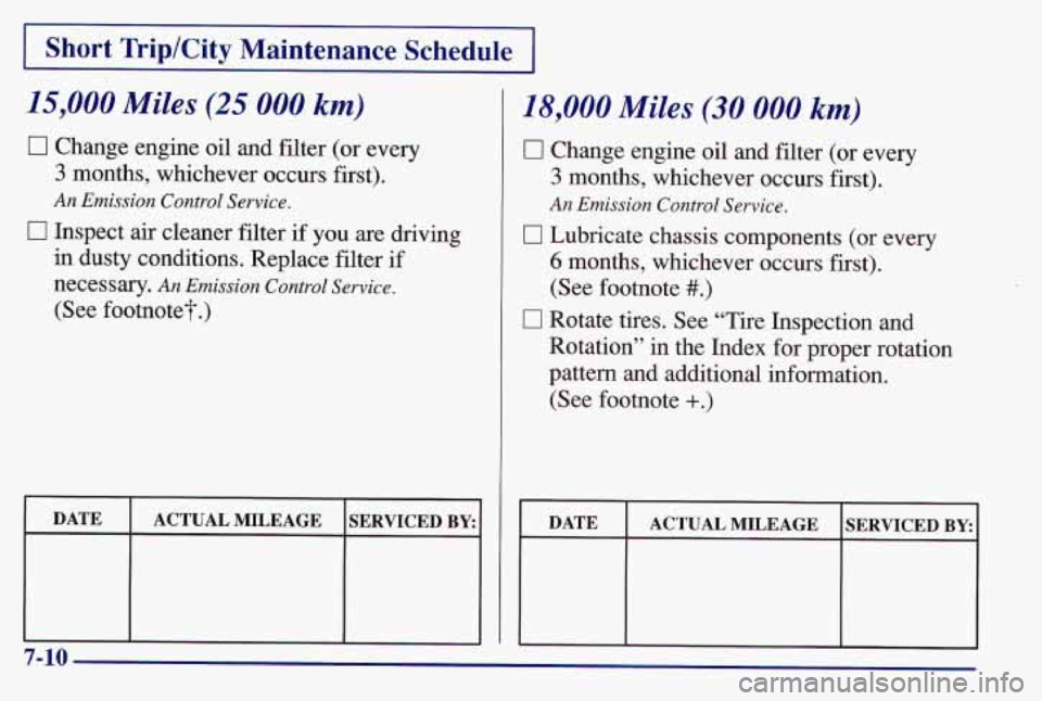 PONTIAC GRAND AM 1997  Owners Manual 1 Short  Trip/City  Maintenance  Schedule I 
lS,OOO Miles (25 000 km) 
0 Change engine oil and filter (or every 
3 months,  whichever occurs  first). 
An Emission Control  Sewice. 
0 Inspect air clean