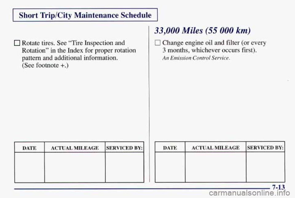 PONTIAC GRAND AM 1997  Owners Manual I Short  TriplCity  Maintenance  Schedu 
Rotate tires. See “Tire Inspection and 
Rotation”  in the Index for proper rotation 
pattern  and  additional information. 
(See footnote 
+.) 
DATE  SERVI