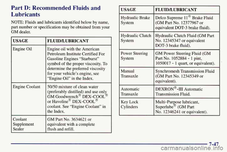 PONTIAC GRAND AM 1997  Owners Manual Part D: Recommended Fluids and 
Lubricants 
NOTE:  Fluids  and  lubricants identified  below  by  name, 
part  number  or specification  may be obtained  from your 
GM  dealer. 
USAGE 
Engine Oil 
Eng
