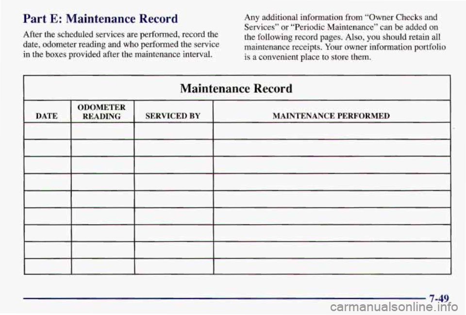 PONTIAC GRAND AM 1997  Owners Manual Part E: Maintenance  Record 
After the scheduled services are performed, record the 
date, odometer reading and  who performed the service 
in the boxes  provided after the maintenance interval.  Any 