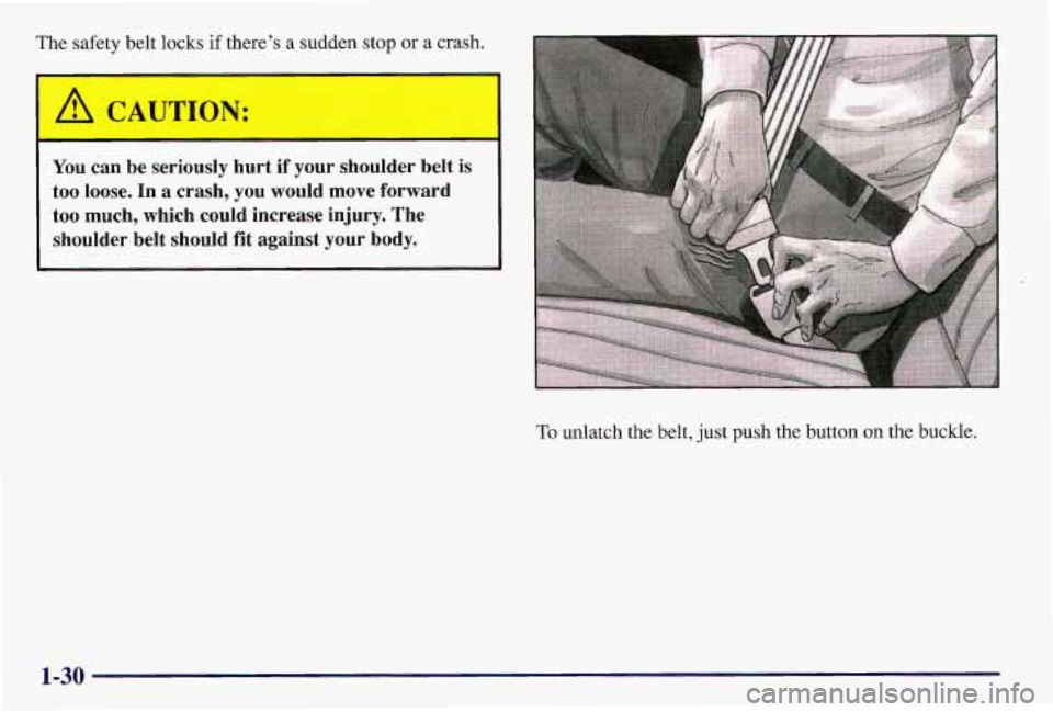 PONTIAC GRAND AM 1997 Owners Guide The safety belt locks if there’s a sudden stop or a crash.
-
!& CAUTION:
-1
You can be seriously hurt if your shoulder belt is
too loose. In a crash, you would move forward
too PONTIAC GRAND AM 1997 Owners Guide The safety belt locks if there’s a sudden stop or a crash.
-
!& CAUTION:
-1
You can be seriously hurt if your shoulder belt is
too loose. In a crash, you would move forward
too