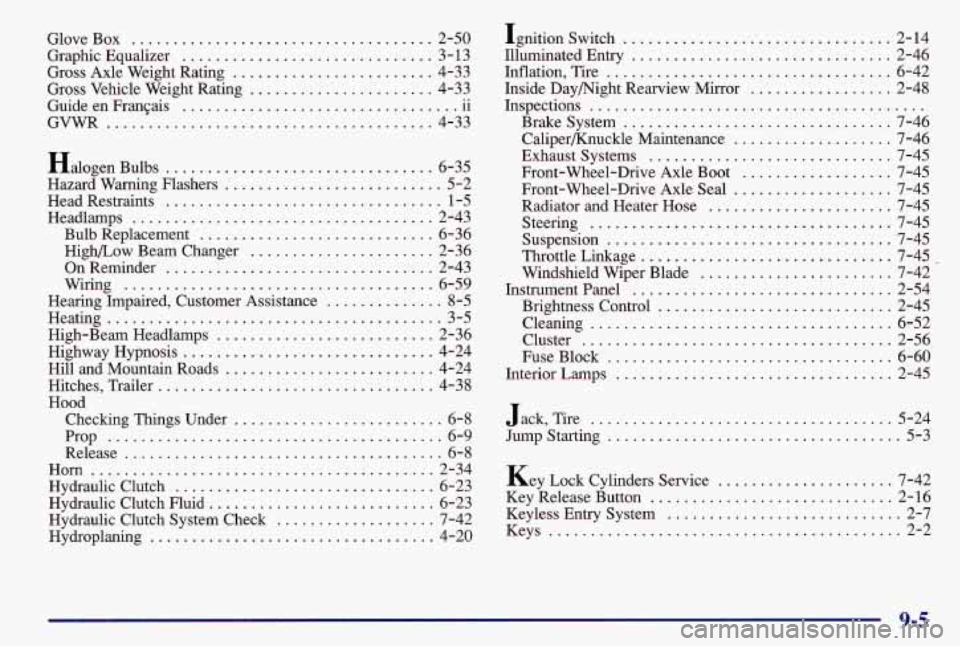 PONTIAC GRAND AM 1997  Owners Manual GloveBox .................................... 2-50 
Graphic Equalizer 
.............................. 3- 13 
Gross  Axle  Weight  Rating 
........................ 4-33 
Gross  Vehicle  Weight  Rating 
