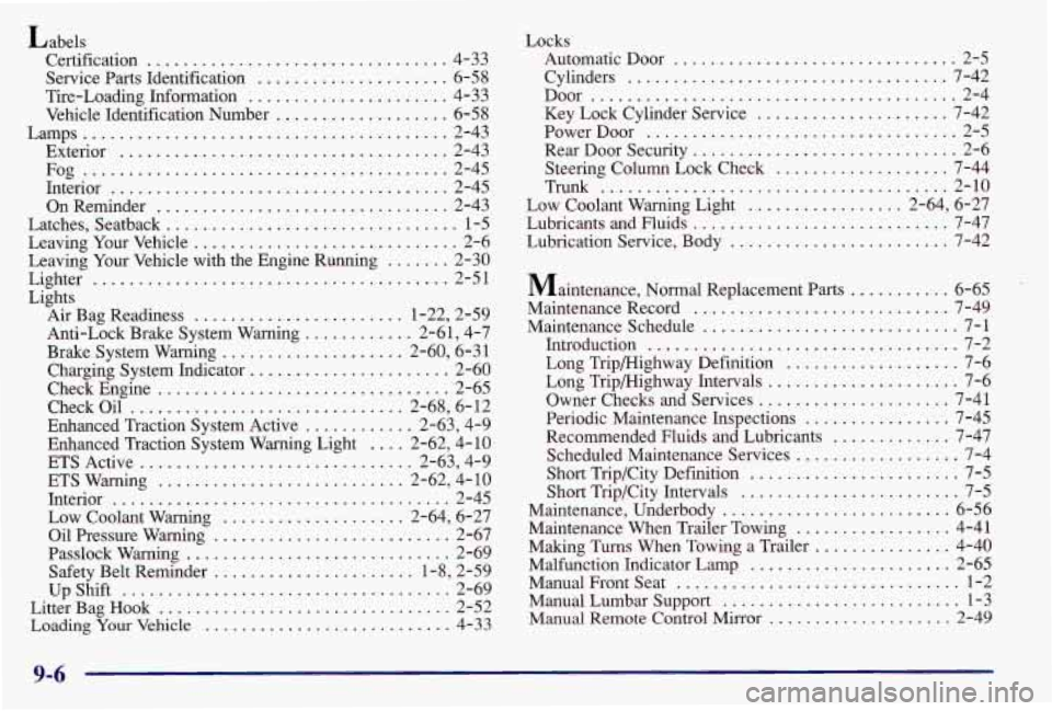 PONTIAC GRAND AM 1997  Owners Manual Labels Certification 
................................. 4-33 
Service Parts Identification 
..................... 6-58 
Tire-Loading Information 
...................... 4-33 
Vehicle  Identification  