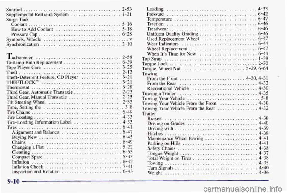 PONTIAC GRAND AM 1997  Owners Manual Sunroof ................................... 2-53 
Supplemental Restraint System 
.................... 1-21 
Surge  Tank 
Coolant 
..................................... 5-  16 
How  to  Add  Coolant 
.