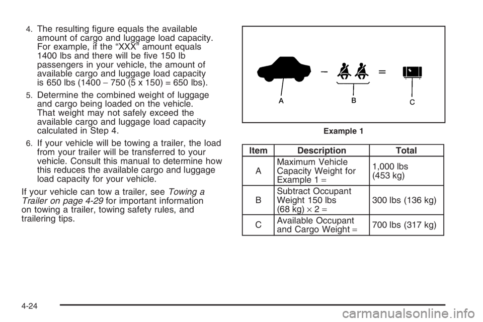 PONTIAC GRAND PRIX 2008  Owners Manual 4.The resulting �gure equals the available
amount of cargo and luggage load capacity.
For example, if the “XXX” amount equals
1400 lbs and there will be �ve 150 lb
passengers in your vehicle, the 