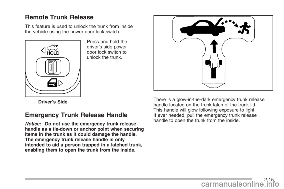 PONTIAC GRAND PRIX 2008 Manual Online Remote Trunk Release
This feature is used to unlock the trunk from inside
the vehicle using the power door lock switch.
Press and hold the
driver’s side power
door lock switch to
unlock the trunk.
E PONTIAC GRAND PRIX 2008 Manual Online Remote Trunk Release
This feature is used to unlock the trunk from inside
the vehicle using the power door lock switch.
Press and hold the
driver’s side power
door lock switch to
unlock the trunk.
E