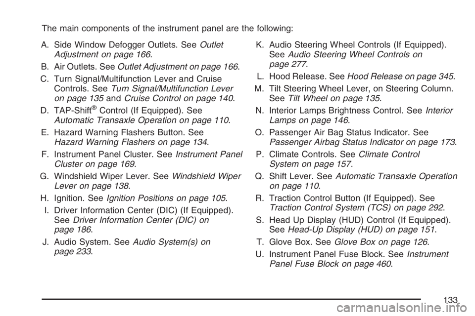 PONTIAC GRAND PRIX 2007  Owners Manual The main components of the instrument panel are the following:
A. Side Window Defogger Outlets. SeeOutlet
Adjustment on page 166.
B. Air Outlets. SeeOutlet Adjustment on page 166.
C. Turn Signal/Multi