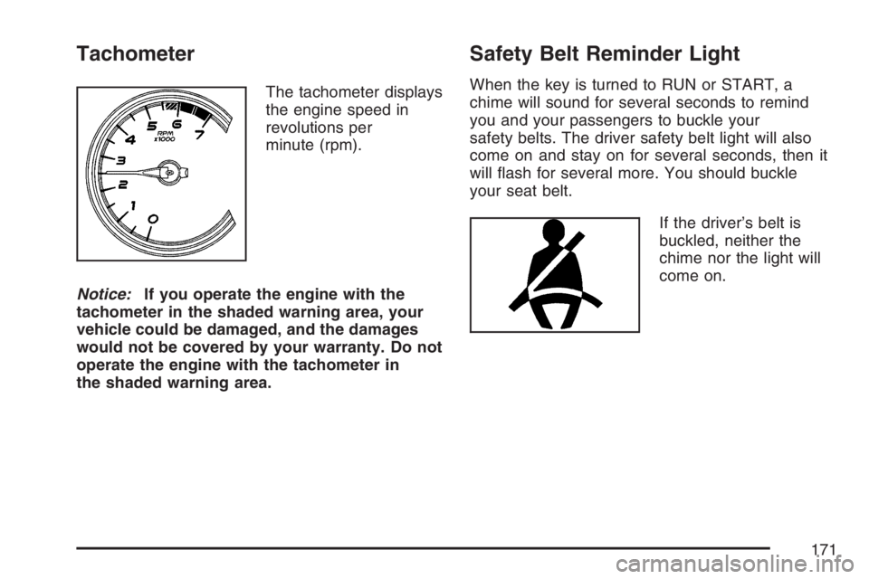 PONTIAC GRAND PRIX 2007  Owners Manual Tachometer
The tachometer displays
the engine speed in
revolutions per
minute (rpm).
Notice:If you operate the engine with the
tachometer in the shaded warning area, your
vehicle could be damaged, and