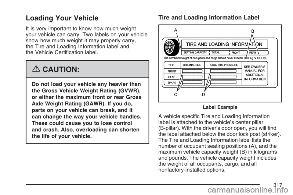 PONTIAC GRAND PRIX 2007  Owners Manual Loading Your Vehicle
It is very important to know how much weight
your vehicle can carry. Two labels on your vehicle
show how much weight it may properly carry,
the Tire and Loading Information label 