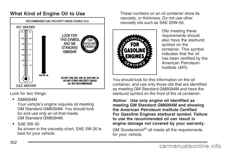 PONTIAC GRAND PRIX 2007 Owners Manual What Kind of Engine Oil to Use
Look for two things:
GM6094M
Your vehicle’s engine requires oil meeting
GM Standard GM6094M. You should look
for and use only an oil that meets
GM Standard GM6094M.
PONTIAC GRAND PRIX 2007 Owners Manual What Kind of Engine Oil to Use
Look for two things:
GM6094M
Your vehicle’s engine requires oil meeting
GM Standard GM6094M. You should look
for and use only an oil that meets
GM Standard GM6094M.
