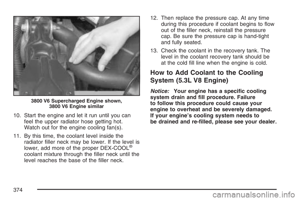 PONTIAC GRAND PRIX 2007  Owners Manual 10. Start the engine and let it run until you can
feel the upper radiator hose getting hot.
Watch out for the engine cooling fan(s).
11. By this time, the coolant level inside the
radiator �ller neck 
