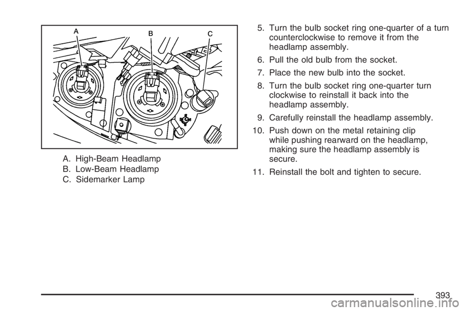 PONTIAC GRAND PRIX 2007  Owners Manual A. High-Beam Headlamp
B. Low-Beam Headlamp
C. Sidemarker Lamp5. Turn the bulb socket ring one-quarter of a turn
counterclockwise to remove it from the
headlamp assembly.
6. Pull the old bulb from the 