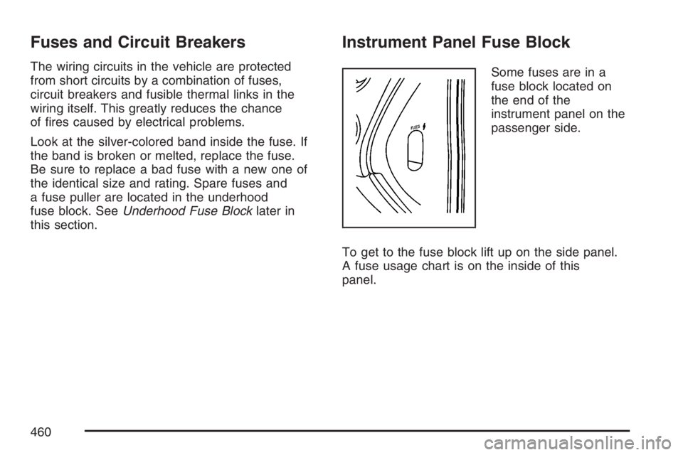 PONTIAC GRAND PRIX 2007  Owners Manual Fuses and Circuit Breakers
The wiring circuits in the vehicle are protected
from short circuits by a combination of fuses,
circuit breakers and fusible thermal links in the
wiring itself. This greatly