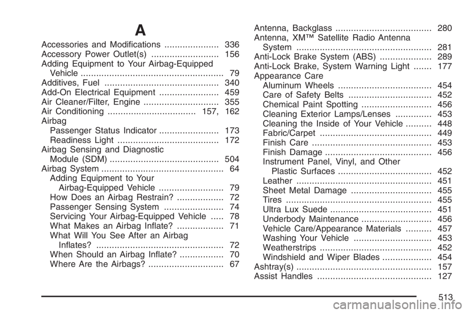 PONTIAC GRAND PRIX 2007 User Guide A
Accessories and Modi�cations..................... 336
Accessory Power Outlet(s).......................... 156
Adding Equipment to Your Airbag-Equipped
Vehicle........................................
