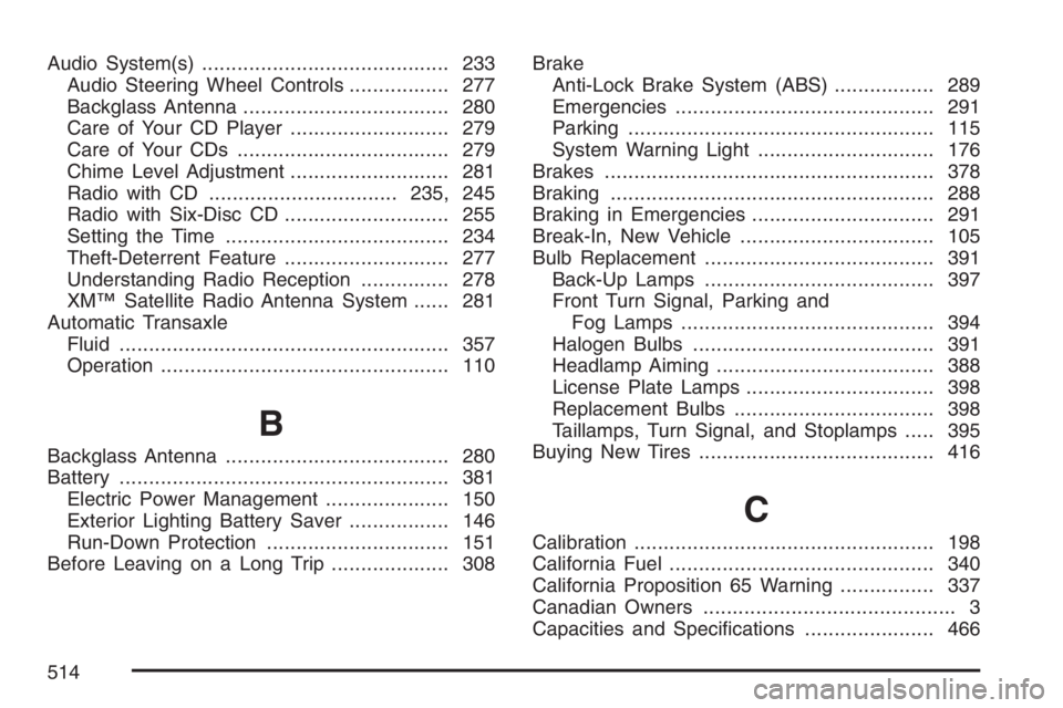 PONTIAC GRAND PRIX 2007 Owners Guide Audio System(s).......................................... 233
Audio Steering Wheel Controls................. 277
Backglass Antenna................................... 280
Care of Your CD Player........