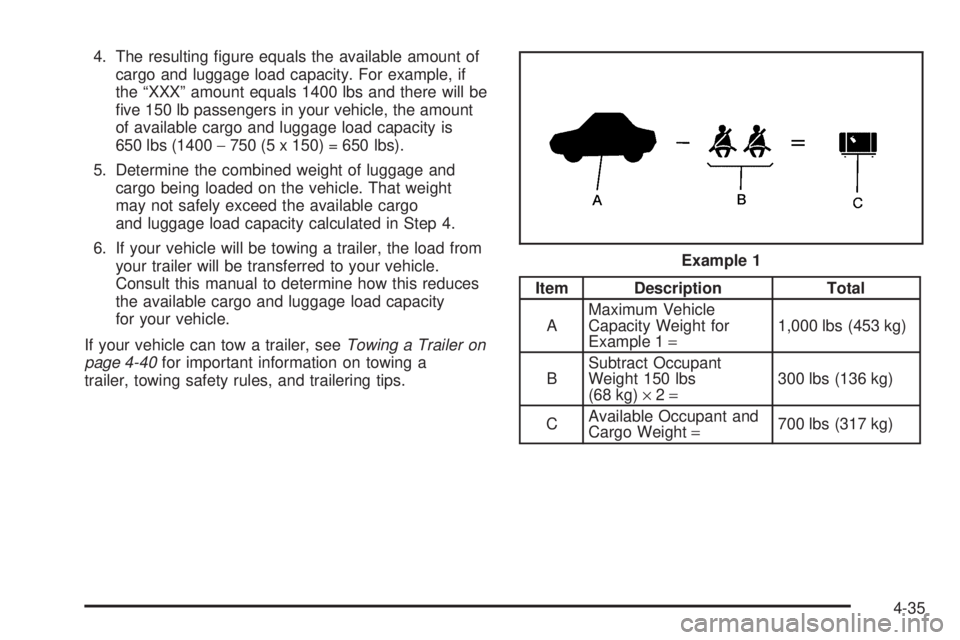 PONTIAC GRAND PRIX 2006  Owners Manual 4. The resulting �gure equals the available amount of
cargo and luggage load capacity. For example, if
the “XXX” amount equals 1400 lbs and there will be
�ve 150 lb passengers in your vehicle, the