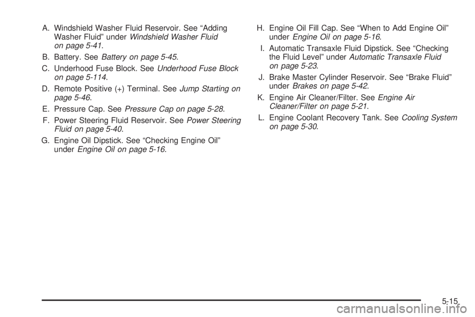 PONTIAC GRAND PRIX 2006  Owners Manual A. Windshield Washer Fluid Reservoir. See “Adding
Washer Fluid” underWindshield Washer Fluid
on page 5-41.
B. Battery. SeeBattery on page 5-45.
C. Underhood Fuse Block. SeeUnderhood Fuse Block
on 