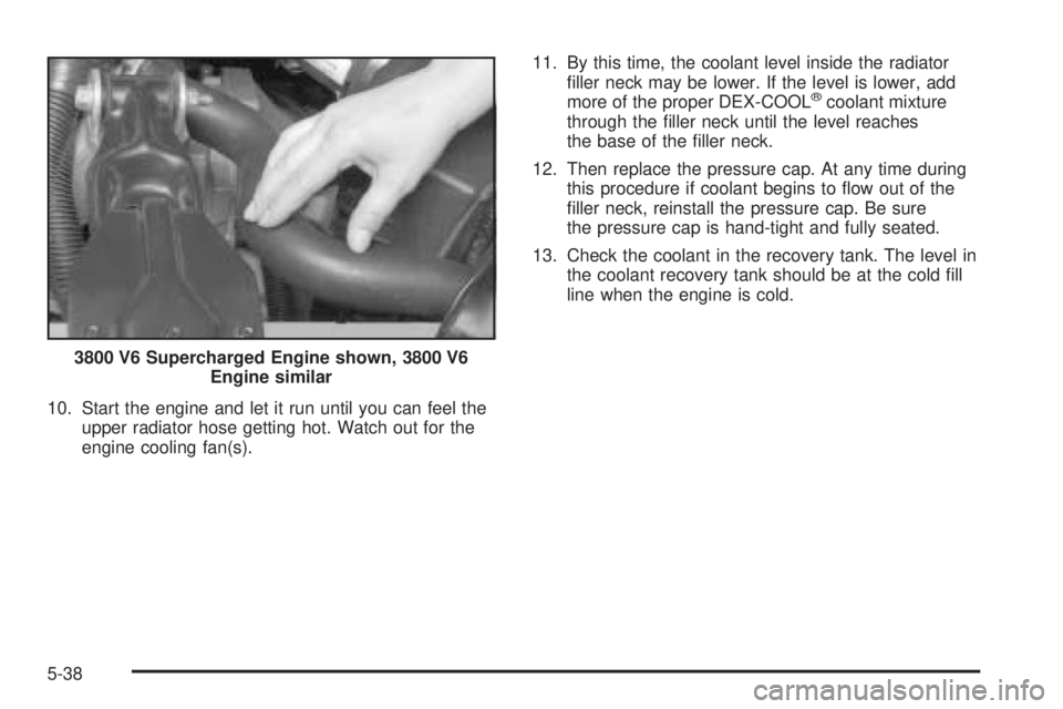 PONTIAC GRAND PRIX 2006  Owners Manual 10. Start the engine and let it run until you can feel the
upper radiator hose getting hot. Watch out for the
engine cooling fan(s).11. By this time, the coolant level inside the radiator
�ller neck m