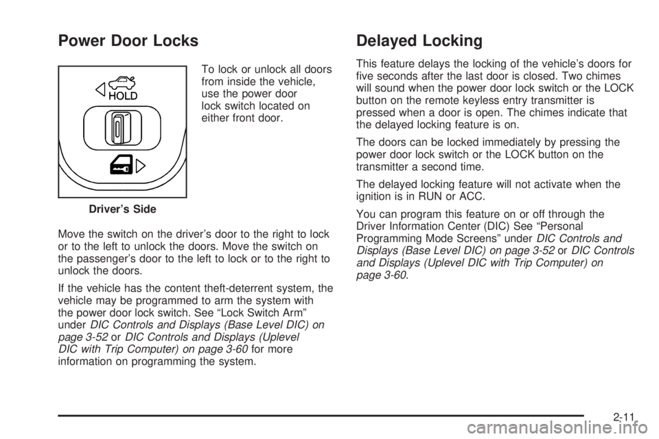 PONTIAC GRAND PRIX 2006 Manual Online Power Door Locks
To lock or unlock all doors
from inside the vehicle,
use the power door
lock switch located on
either front door.
Move the switch on the driver’s door to the right to lock
or to the