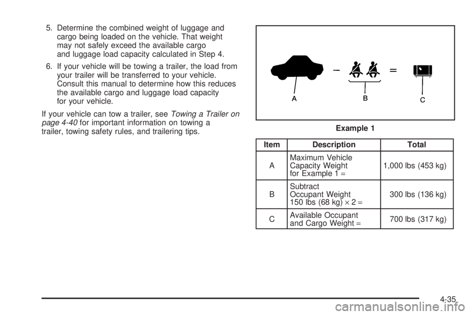 PONTIAC GRAND PRIX 2005  Owners Manual 5. Determine the combined weight of luggage and
cargo being loaded on the vehicle. That weight
may not safely exceed the available cargo
and luggage load capacity calculated in Step 4.
6. If your vehi
