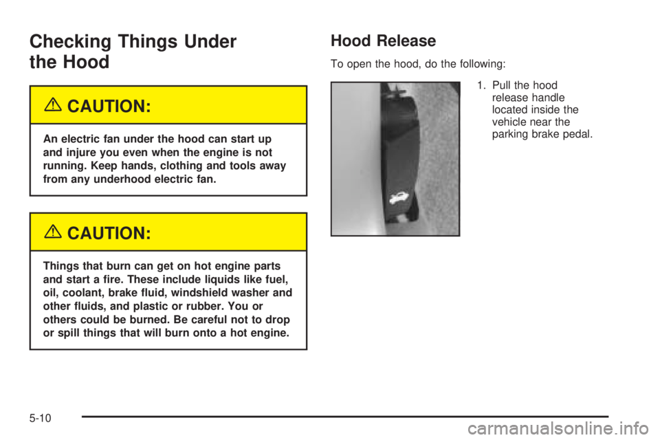 PONTIAC GRAND PRIX 2005  Owners Manual Checking Things Under
the Hood
{CAUTION:
An electric fan under the hood can start up
and injure you even when the engine is not
running. Keep hands, clothing and tools away
from any underhood electric
