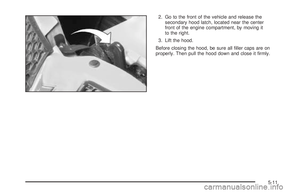 PONTIAC GRAND PRIX 2005 Owners Manual 2. Go to the front of the vehicle and release the
secondary hood latch, located near the center
front of the engine compartment, by moving it
to the right.
3. Lift the hood.
Before closing the hood, b PONTIAC GRAND PRIX 2005 Owners Manual 2. Go to the front of the vehicle and release the
secondary hood latch, located near the center
front of the engine compartment, by moving it
to the right.
3. Lift the hood.
Before closing the hood, b