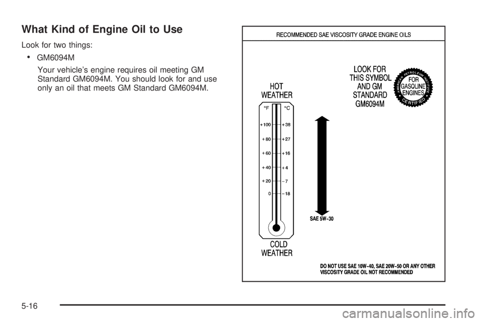 PONTIAC GRAND PRIX 2005 Owners Manual What Kind of Engine Oil to Use
Look for two things:
GM6094M
Your vehicle’s engine requires oil meeting GM
Standard GM6094M. You should look for and use
only an oil that meets GM Standard GM6094M.
5 PONTIAC GRAND PRIX 2005 Owners Manual What Kind of Engine Oil to Use
Look for two things:
GM6094M
Your vehicle’s engine requires oil meeting GM
Standard GM6094M. You should look for and use
only an oil that meets GM Standard GM6094M.
5