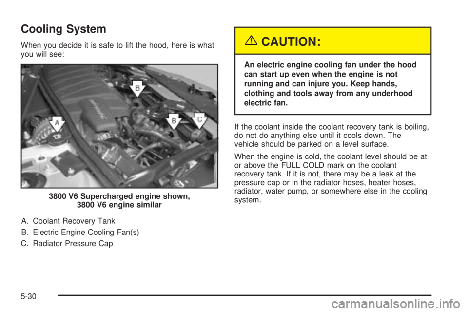 PONTIAC GRAND PRIX 2005  Owners Manual Cooling System
When you decide it is safe to lift the hood, here is what
you will see:
A. Coolant Recovery Tank
B. Electric Engine Cooling Fan(s)
C. Radiator Pressure Cap{CAUTION:
An electric engine c