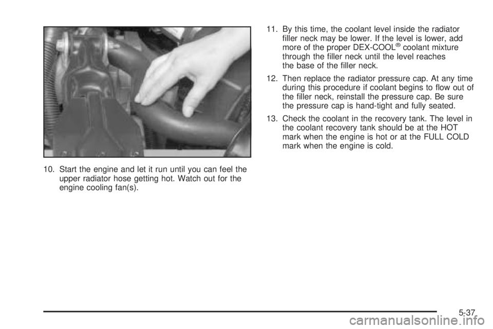 PONTIAC GRAND PRIX 2005  Owners Manual 10. Start the engine and let it run until you can feel the
upper radiator hose getting hot. Watch out for the
engine cooling fan(s).11. By this time, the coolant level inside the radiator
�ller neck m