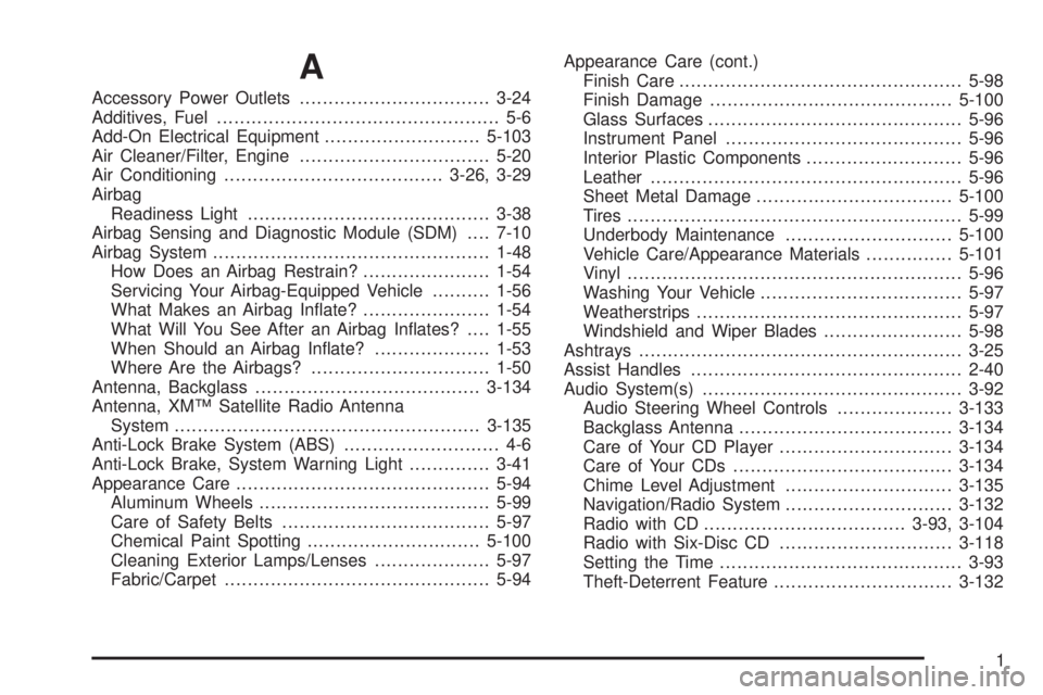 PONTIAC GRAND PRIX 2005  Owners Manual A
Accessory Power Outlets.................................3-24
Additives, Fuel................................................. 5-6
Add-On Electrical Equipment...........................5-103
Air Clea