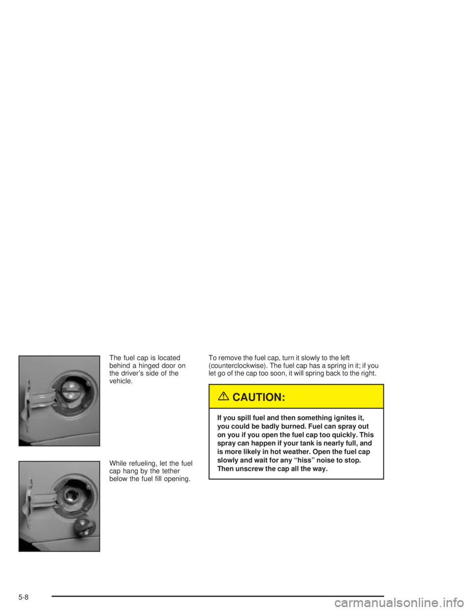 PONTIAC GRAND PRIX 2004 Owners Manual The fuel cap is located
behind a hinged door on
the drivers side of the
vehicle.
While refueling, let the fuel
cap hang by the tether
below the fuel ®ll opening.To remove the fuel cap, turn it slowl PONTIAC GRAND PRIX 2004 Owners Manual The fuel cap is located
behind a hinged door on
the drivers side of the
vehicle.
While refueling, let the fuel
cap hang by the tether
below the fuel ®ll opening.To remove the fuel cap, turn it slowl