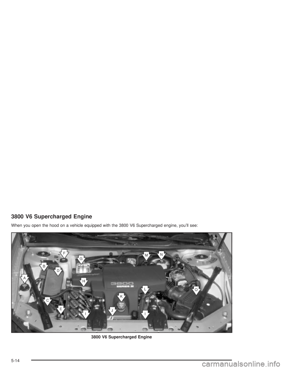 PONTIAC GRAND PRIX 2004 Owners Manual 3800 V6 Supercharged Engine
When you open the hood on a vehicle equipped with the 3800 V6 Supercharged engine, youll see:
3800 V6 Supercharged Engine
5-14 PONTIAC GRAND PRIX 2004 Owners Manual 3800 V6 Supercharged Engine
When you open the hood on a vehicle equipped with the 3800 V6 Supercharged engine, youll see:
3800 V6 Supercharged Engine
5-14